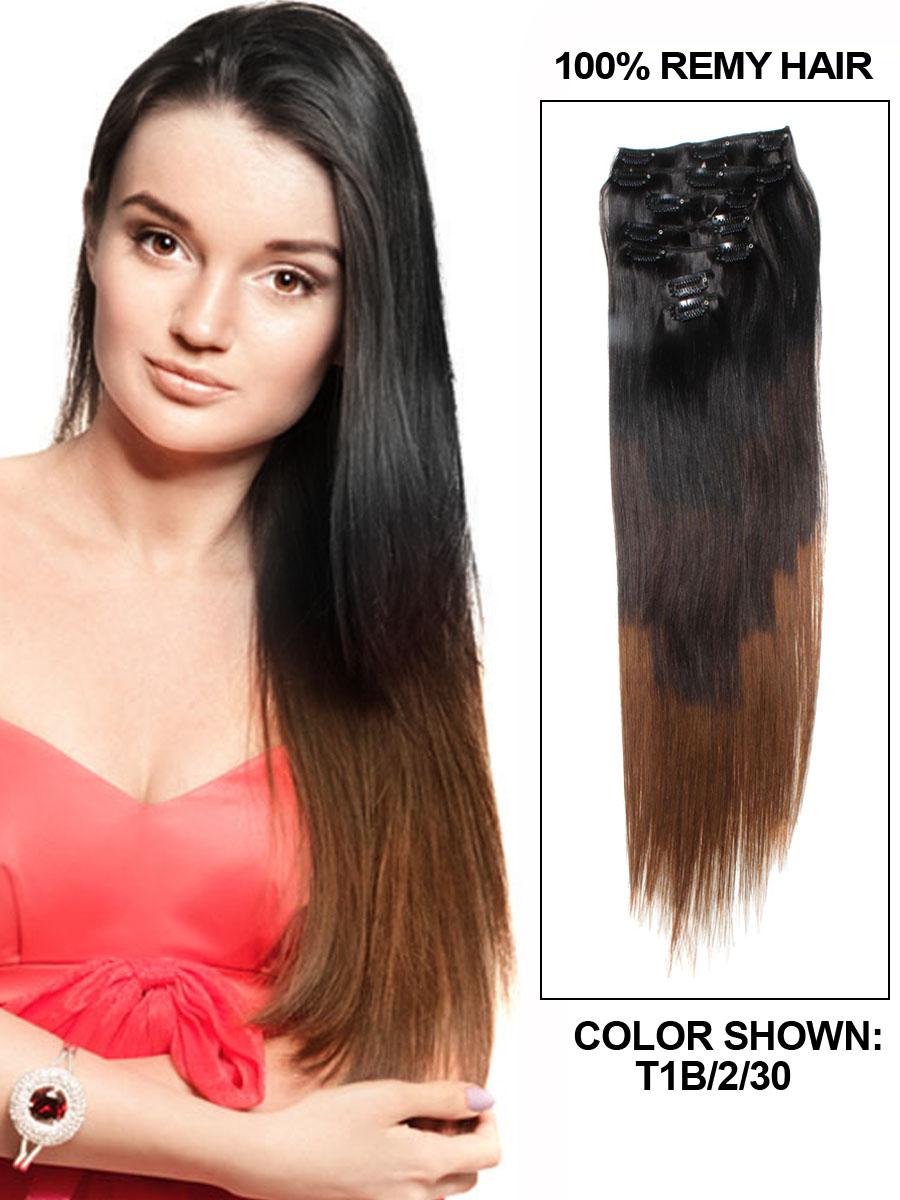 28 Inch Natural Black Dark Brown And Auburn Ombre Clip In Hair Extensions Three Tone Straight