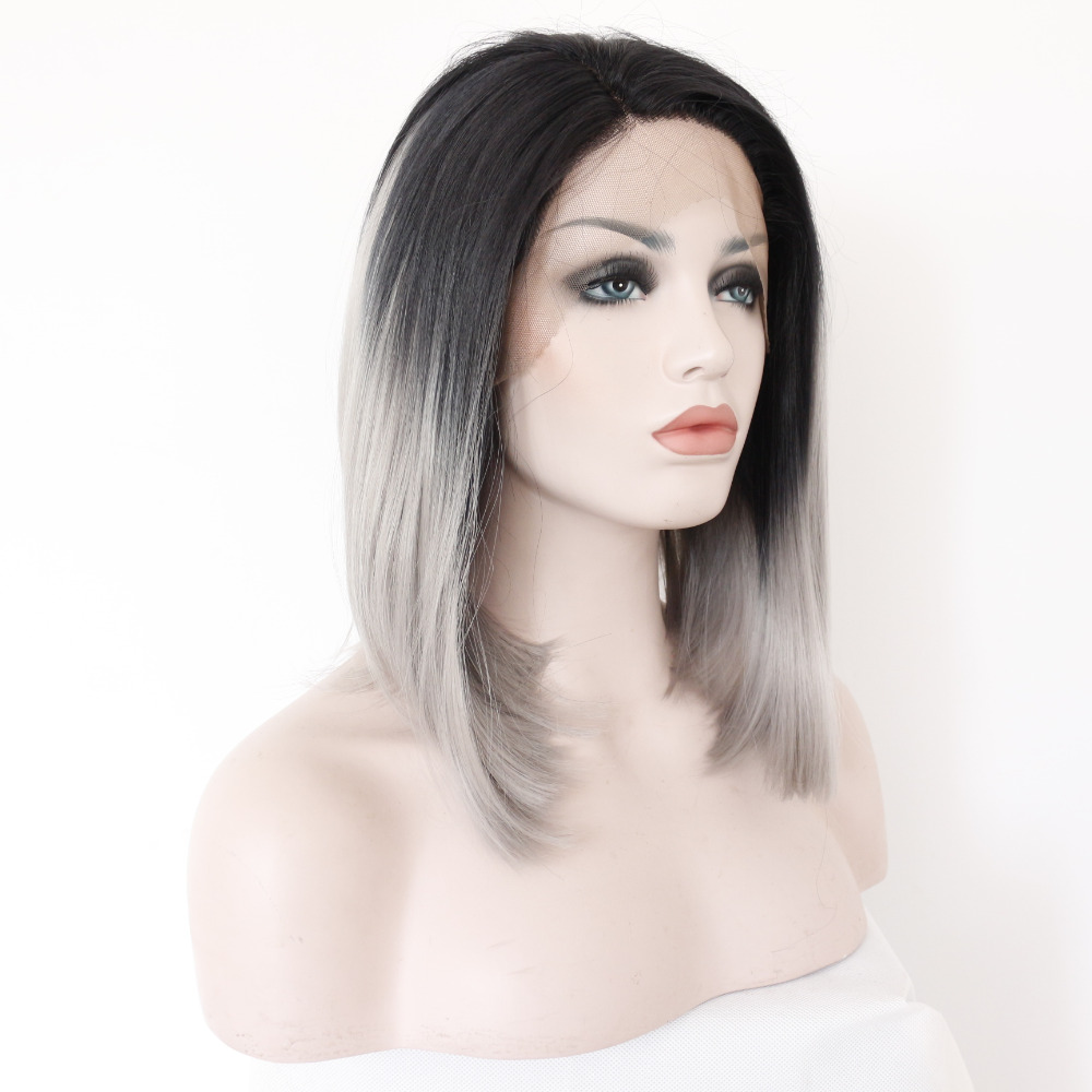 Medium Long Black To Gray Ombre Front Lace Bob Wig For Women